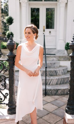 julia engel with cowl neck dress, trend