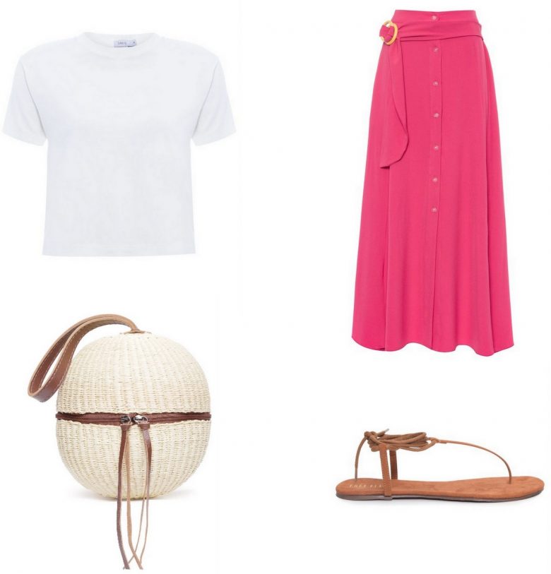 bolsa de palha, straw bag, pink midi skirt outfit
