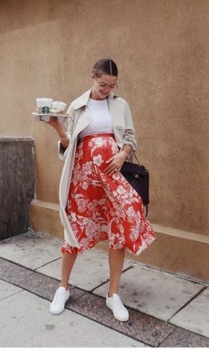 pregnant style, floral midi skirt