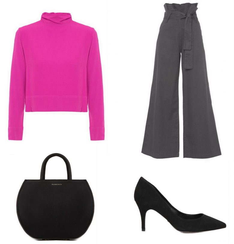 blusa básica rosa, um item e cinco looks, look trabalho calça pantalona