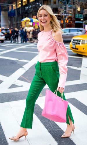 look rosa e verde, color block, pink and green