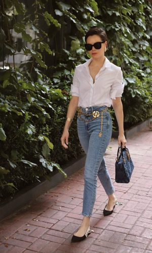 cinto de corrente, look, tendência, moda, chain belt, fashion trend