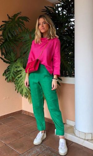 look rosa e verde, color block, pink and green