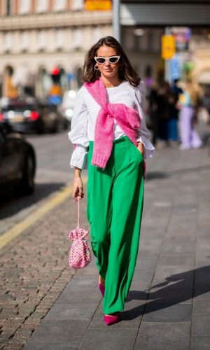 look rosa e verde, color block, pink and green