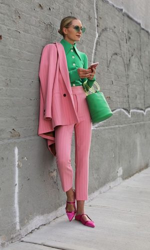 look rosa e verde, color block, pink and green