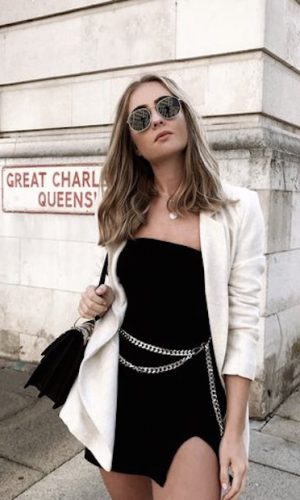 cinto de corrente, look, tendência, moda, chain belt, fashion trend