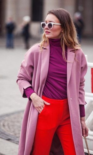 roxo e vermelho, looks, color block, purple and red
