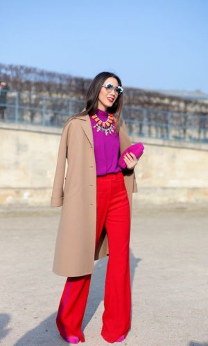 roxo e vermelho, looks, color block, purple and red
